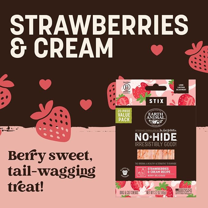 Earth Animal No-Hide Stix Strawberries & Cream Vegetarian Recipe Natural Rawhide Alternative Dog & Cat Chews, 20 Pack Value Pack