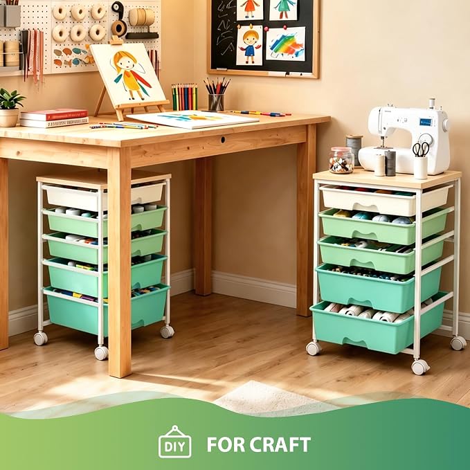 Goovilla Rolling Cart with 5 Drawers for Craft, Art, Dorm, Office, Green | Utility Cart Organizer With 5 Removable Drawers and Wooden Tabletop, Lockable Rolling Storage Organizer for Classroom, Home