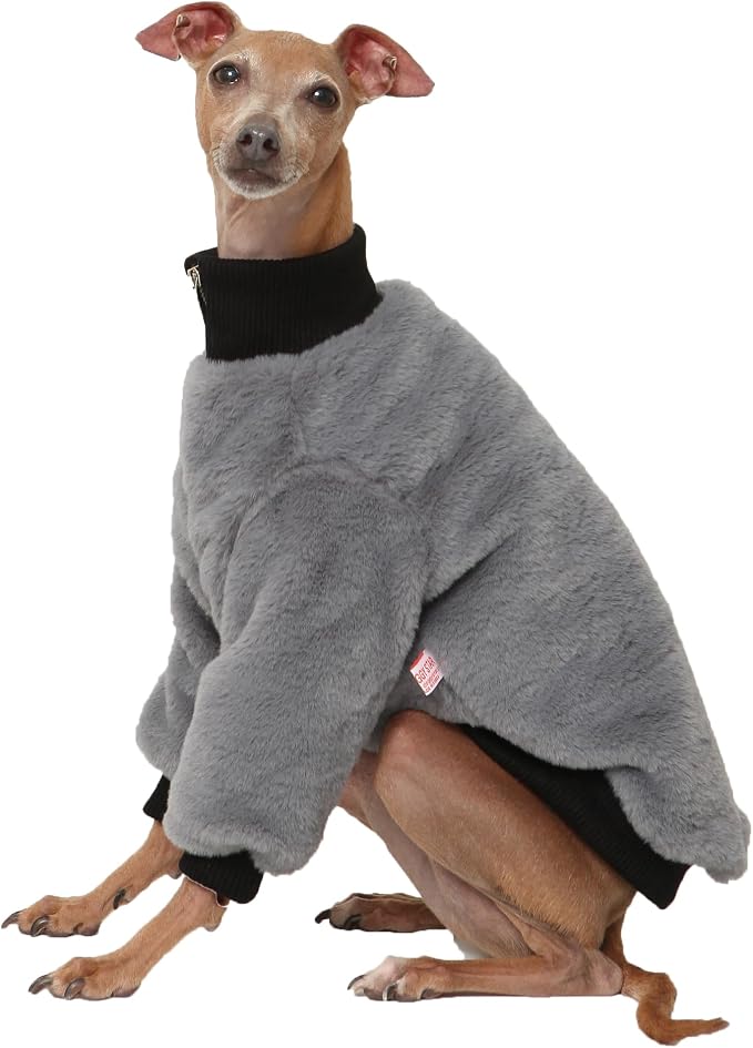 D DOGGYSTAR Italian Greyhound Winter Faux Fur Zip Up Coat Warm Plush Jacket for Slim Long Leg Dogs (3XL,Zip-up Dark Grey)