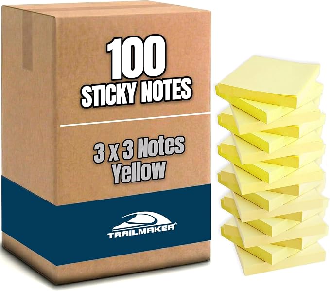 Trailmaker (100 Pack) Sticky Notes Bulk Set, 3x3 Self Stick Memo Pads with 100 Sheets Each, Sticky Notes for Classrooms, Offices, School Supplies & Organization (Yellow)