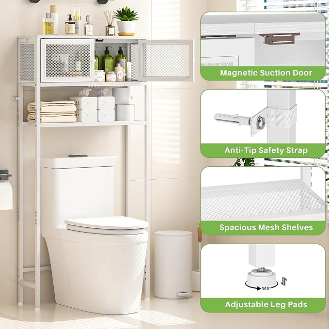 ThreeHio Over the Toilet Storage Cabinet with Doors, Bathroom Organizer Shelf Above Toilet, Bathroom Storage Cabinet Over Toilet, Freestanding Space Saver Metal Shelves for Small Space, White