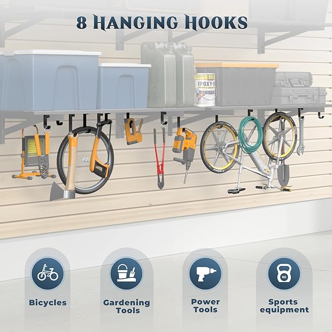 Jusgym 2-Pack 2x4ft Garage Shelving Wall Mounted, Heavy Duty Garage Wall Shelving with Hooks, 500 lbs Capacity Industrial Storage Shelves for Garage Organization