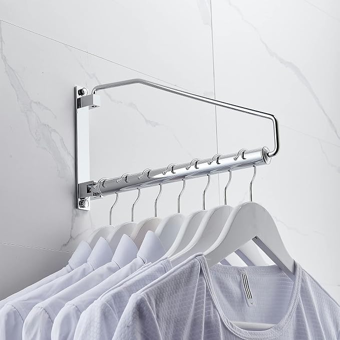 NEWRAIN Laundry Hanger, Wall Mounted Clothes Hanger with Swing Arm Holder Brass Hanging Drying Rack Space Saver,Chrome (Pack of 3)