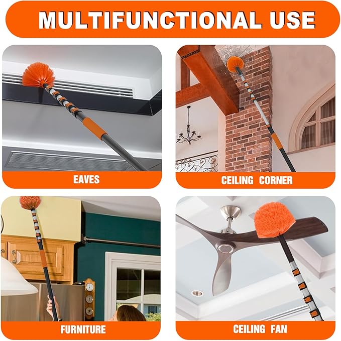 SISUPASSIE 30FT Reach Cobweb Duster with Extension Pole, High Ceiling Long Duster with 5-24FT Telescoping Pole, Spider Web Brush for Indoor Outdoor Use