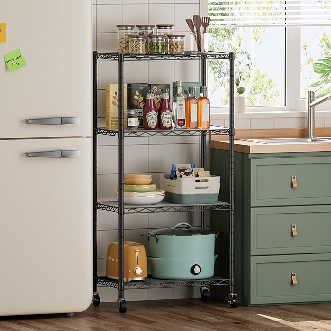 SINGAYE 4 Shelves Storage Wire Shelf Closet Metal Shelving Pantry Wheels | Shelf Bathroom Organizers Metal Kitchen Garage Shelving Unit Laundry Room Organization Home Rack Net Basket with Wheels