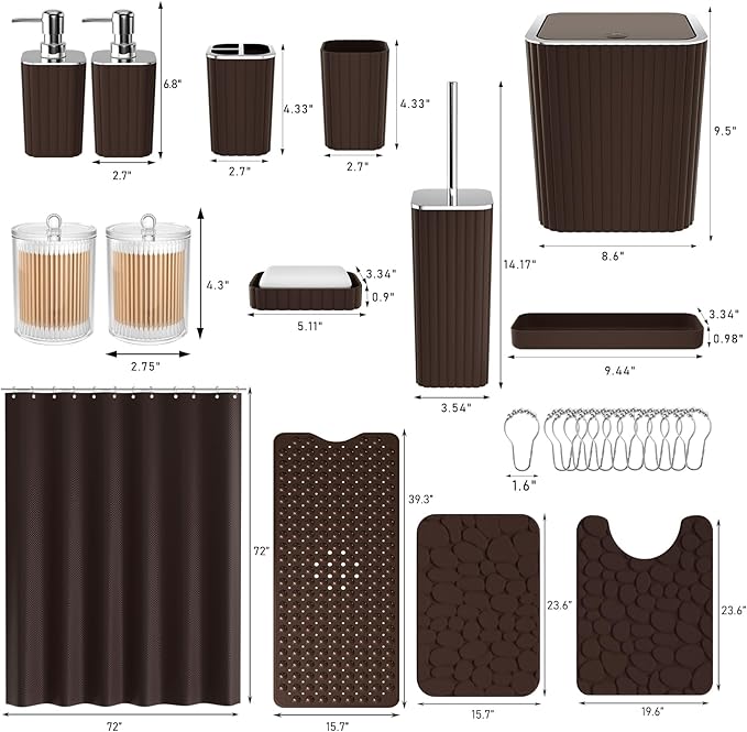 XLHOMO 26PC Bathroom Accessories Set - Gorgeous Brown Bathroom Set, Bathroom Accessory Set, Shower Curtain Set with Bathtub Mats for Shower Tub, Trash Can & Soap Dispenser