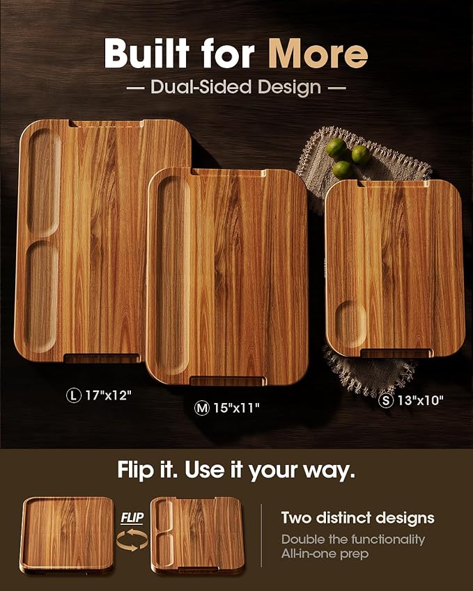 Starkbear Acacia Wood Cutting Board 15x11 Inch, Core-Cut Wooden Chopping Block for Kitchen with Sloped Juice Groove, Sleek Reversible Charcuterie Cheese Serving Tra