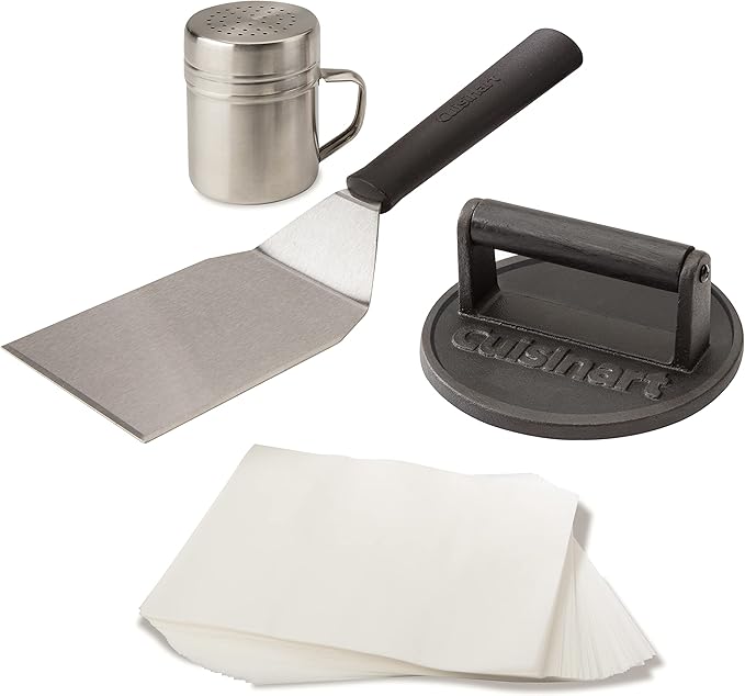 Cuisinart Smash Burger Kit w/Burger Press, Spatula, Shaker & Patty Papers | CSBK-400, smash burger press kit for a cookout or tailgate with stainless steel accessories and a cast iron hamburger press