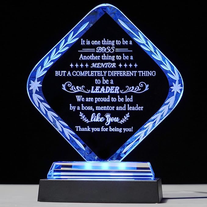 Glass Best Boss Ever Gifts for Women with LED Light Base, Personalized Appreciation Gift for Men, Retirement Plaque Gifts for Lady Boss Going Away, Boss's Day Gift Idea for Office Home Decoration