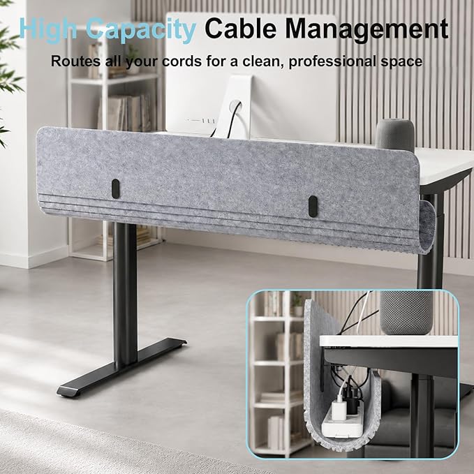 Under Desk Cable Management Tray, 47.2" Felt Cord Organizer with No Drill Clamp or Screw Mount, Hidden Wire Management for Power Strips & Cables, Cable Tray Under Desk for Home Office
