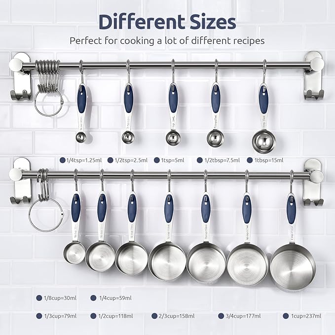 U-Taste 18/8 Stainless Steel Measuring Cups and Spoons (Set of 12, Midnight Blue), and Fine Mesh Strainer with Sturdy Riveted Silicone Handle and Strong Frame (Midnight Blue)