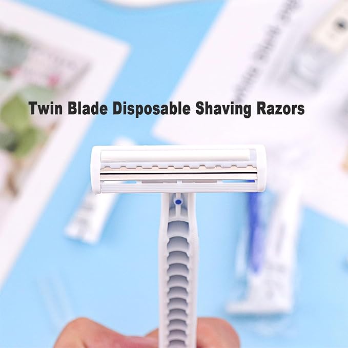 Disposable Razors in Bulk Pack of 120,Blue Disposable Shaving Razors Individual Wrapped Twin Blade Bulk Disposable Razors with Clear Cap and 10g Shaving Cream for Homeless,Hotel,Travel,Charity,Shelter