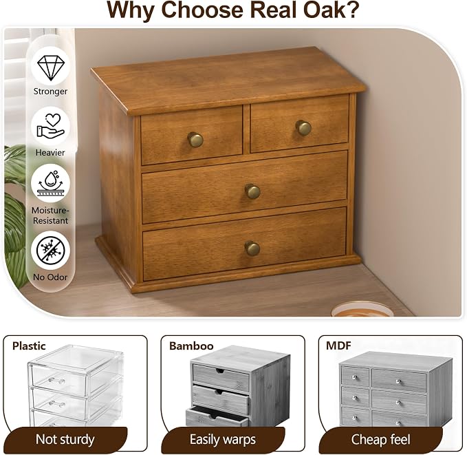 Oak Desk Organizer with Drawers, Durable Wooden Desktop Storage Box with Metal Handles & Non-Slip Silicone Pads, 4 Drawer Tabletop Organizer for Office, Bedroom, Bathroom, Vanity, and Makeup – Walnut