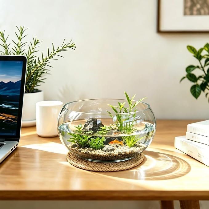 8" Round Glass Lotus Bowl Planter with Rattan Mat, Clear Indoor Hydroponic Water Lily Pot for Aquatic Plants, Bonsai & Lotus Flowers, Decorative Terrarium Bowl Vase, Fish Tank