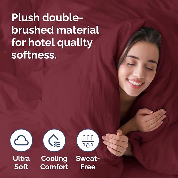 Duvet Cover Queen Size Set - Extra Soft Queen Duvet Cover 90" x 90" with 2 Pillow Shams for Women, Men, Kids & Teens - Hotel Luxury, Easy-Care w/ Zipper Closures & Ties - Comfy & Breathable (Burgundy)