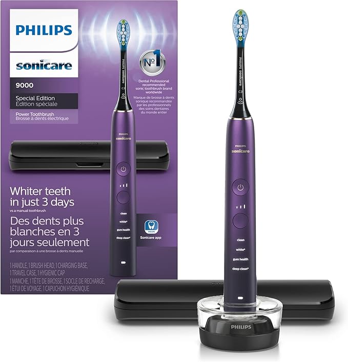 Philips Sonicare DiamondClean 9000 Electric Toothbrush - Sonic Toothbrush with App, Pressure Sensor, 12 Brushing Settings, Replacement Reminder, Charging Stand, Travel Case, Amethyst, HX9911/91