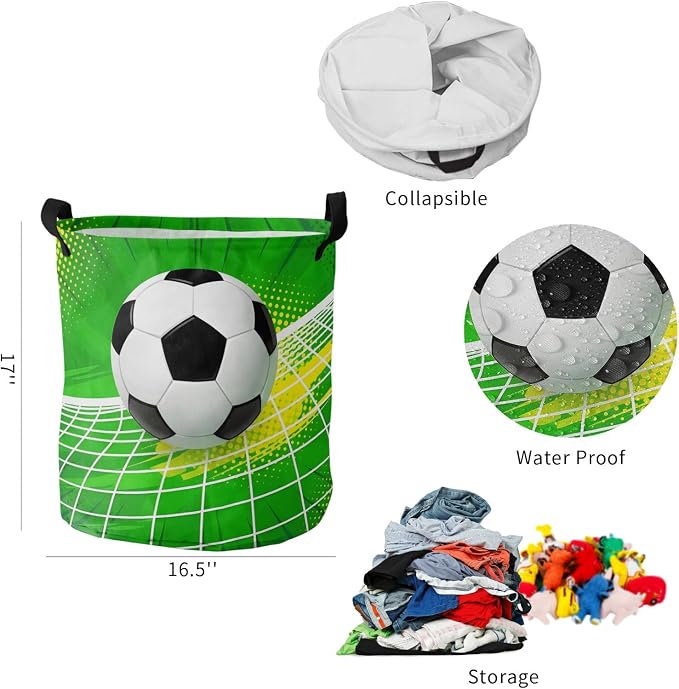 Collapsible Laundry Basket 60L, Green Football Storage Bin Laundry Hamper with Handles, Soccer Ball Goal Net Vibrant Waterproof Clothes Baskets for Bathroom/Bedroom 16.5 x 17 In