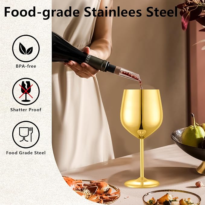 UNISWEET Stainless Steel Wine Glasses Set of 6 with 1 Corkscrew, Gold | 17oz Unbreakable Metal Wine Goblets, Reusable & Sturdy, Ideal for Outdoor, Travel, Camping, Pool, Gift for Wine Lovers