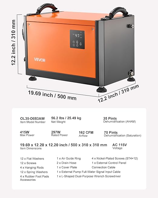 VEVOR 70 Pints Commercial Dehumidifier with Pump, Portable Crawl Space Dehumidifiers for Basement Storage Room Industrial, Auto Defrost/Drainage, Heavy-duty Galvanized Steel, with 2 Drain Hoses