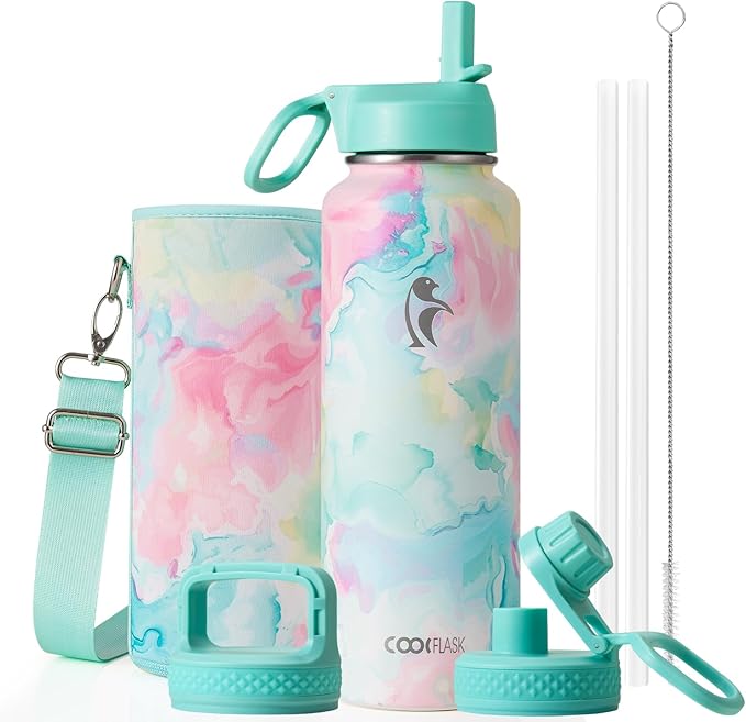 Coolflask Water Bottle Insulated with Straw & 3 Lids, 40 oz Water Jug Large Metal Stainless Steel Wide Mouth for Sports, Gym or Office, Non-BPA Keep Cold 48H Hot 24H, Pastel Sorbet