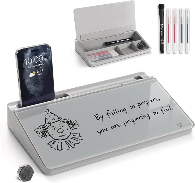 Small Compact Glass Desktop Whiteboard with Storage – 12 x 7 in Dry Erase Board for Desk, Home Office, School | Includes 5 Markers, Eraser & Holder | Space-Saving Organizer, Stone Gray