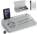 Small Compact Glass Desktop Whiteboard with Storage – 12 x 7 in Dry Erase Board for Desk, Home Office, School | Includes 5 Markers, Eraser & Holder | Space-Saving Organizer, Stone Gray