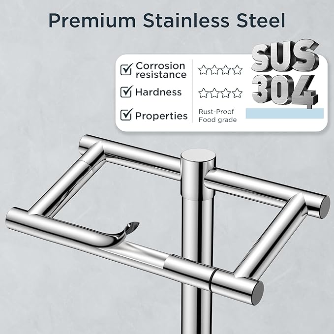 FORIOUS Toilet Paper Holder Wall Mount, Stainless Steel Rustproof Double Post Pivoting Tissue Roll Holder for Bathroom, Commercial Toilet Paper Dispenser Freestanding Toilet Paper Stand, Chrome