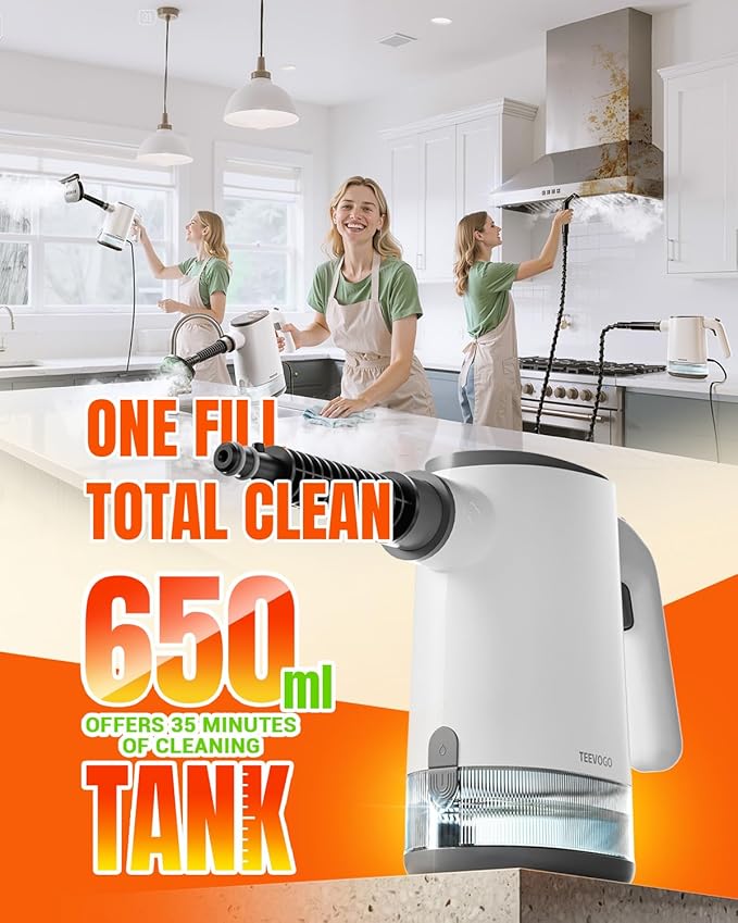 Handheld Steam Cleaner, 15s Fast Heating, Adjustable Steam, 650mL Large Water Tank, Pressurized Portable Steamer for Cleaning Home, Kitchen, Car, Bathroom, Tile, Furniture, Multi-Surface