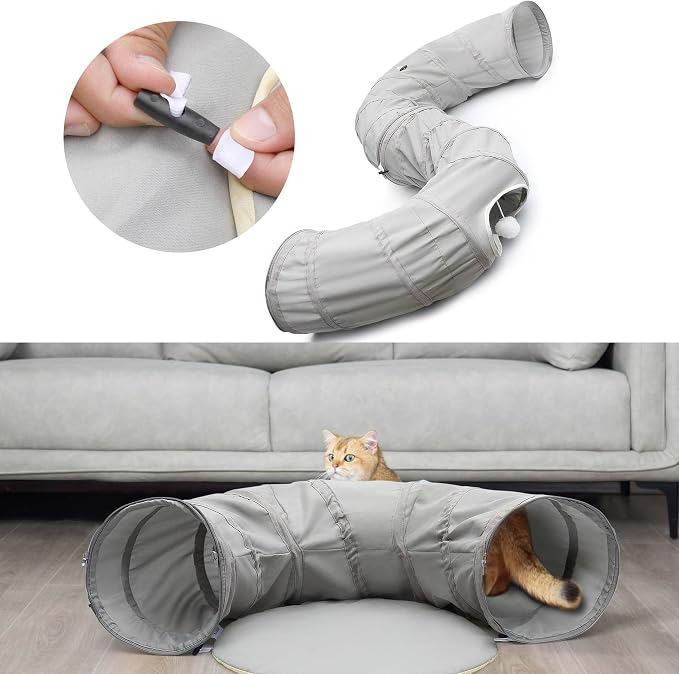 AUOON Cat Tunnel with Bed for Kitten Puppy Rabbit Ferret, Light Grey | 2-in-1 Interactive Cat Toy, with Hanging Ball Toy, Machine Washable Center Pad, 36"L x 36"W x 11.5"H