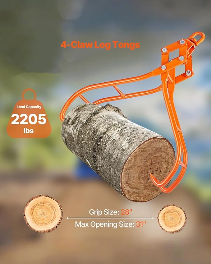 VEVOR Timber Claw Hook, 28 inch 4 Claw Log Grapple Logging Tongs, Swivel Steel Log Lifting Tongs 31" Max Opening, Eagle Claws with 2205LBS/1000kg Loading Capacity for Tractors, ATVs, Trucks, Forklifts