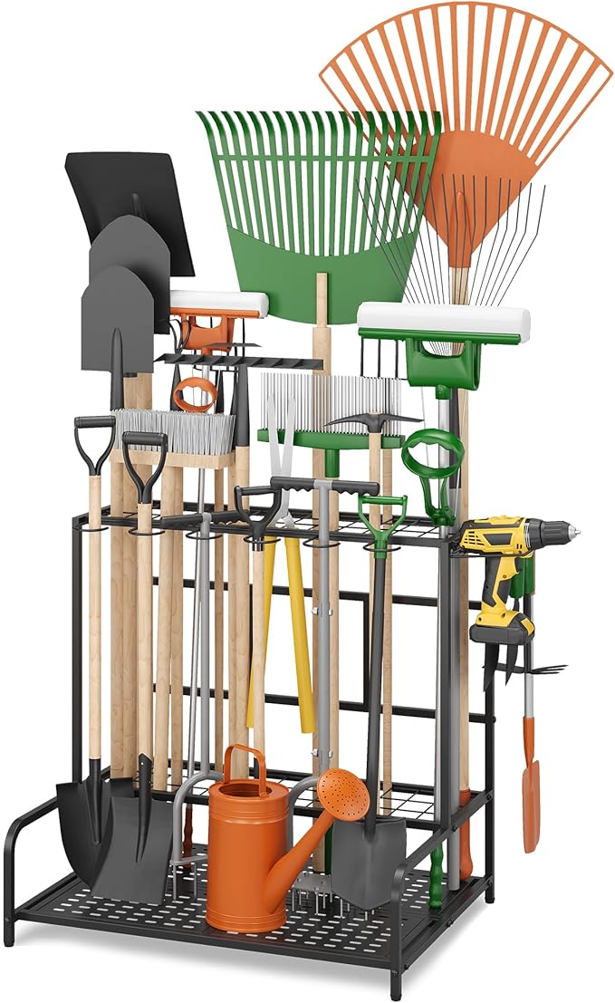 Sttoraboks Garden Tool Organizer Rack Up to 39 Tools, Heavy-Duty Steel Yard Tool Organizer for Garage Storage with 12 Hooks, Broom Holder & Garden Tool Rack for Shed, Patio, Outdoor Storage, Black