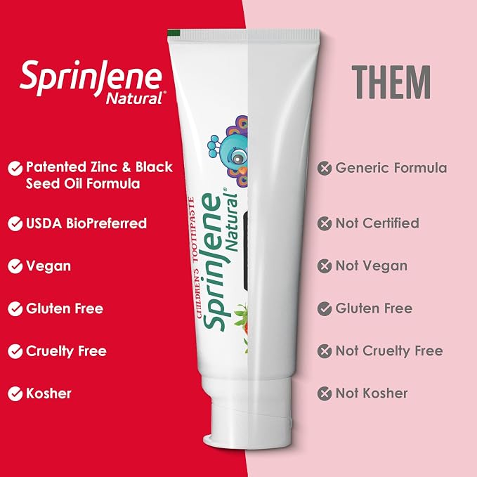 SprinJene Natural Children’s Toothpaste – Fluoride Free Strawberry Toothpaste for Toddlers & Kids – Gentle Safe Natural Formula with Patented Black Seed Oil & Zinc – Made in the USA (1 Pack)