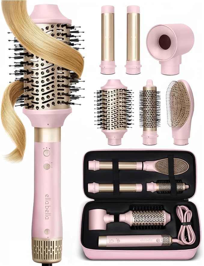 ELLA BELLA® 6 in 1 Professional Hot Air Styler • Powerful Hair Dryer & Straightener Set • Styling Without Heat Damage • Fast Drying Curling Volumizing Straightening • Includes Protective Travel Case