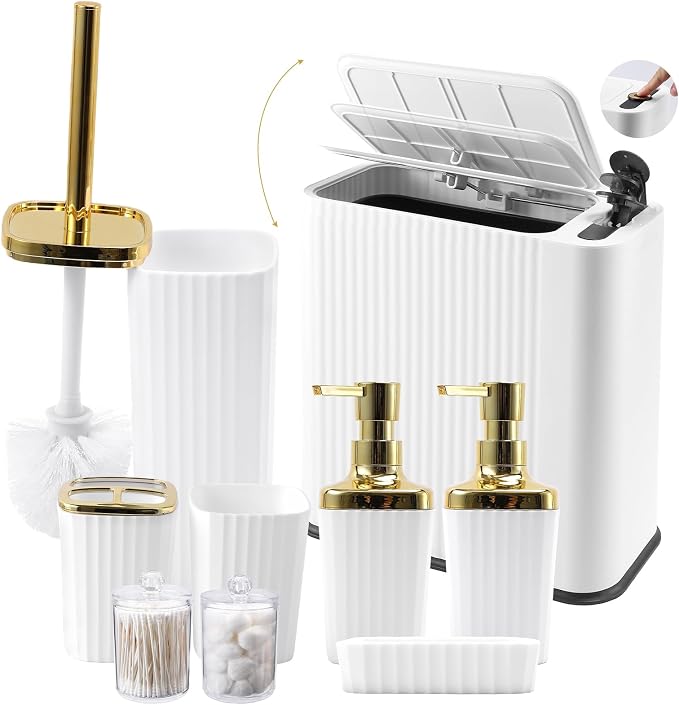 XLHOMO 9-Piece White Bathroom Accessories Set - Minimalist Matte Stripe Set with Slim Press-Top Trash Can, Soap Dispenser & Toothbrush Holder - Aesthetic Apartment Essentials