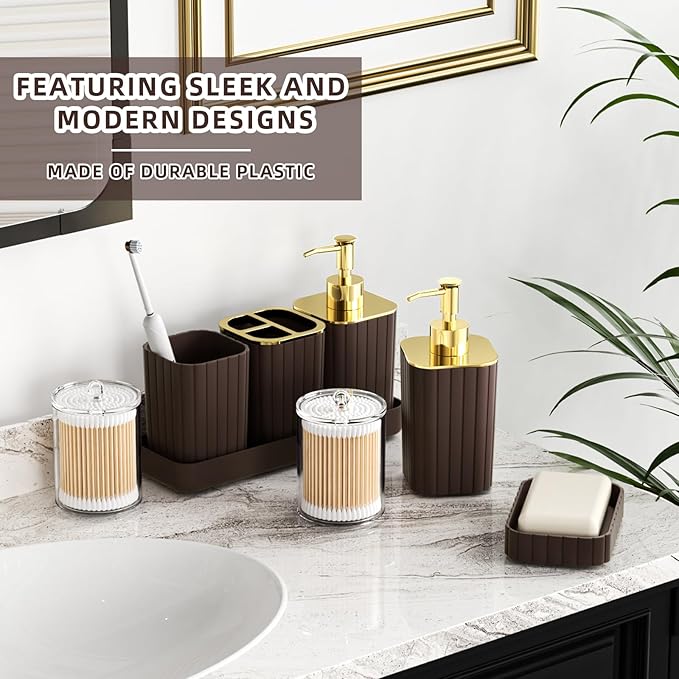 XLHOMO 26PC Bathroom Accessories Set - Gorgeous Brown Bathroom Set, Bathroom Accessory Set, Shower Curtain Set with Bathtub Mats for Shower Tub, Trash Can & Soap Dispenser