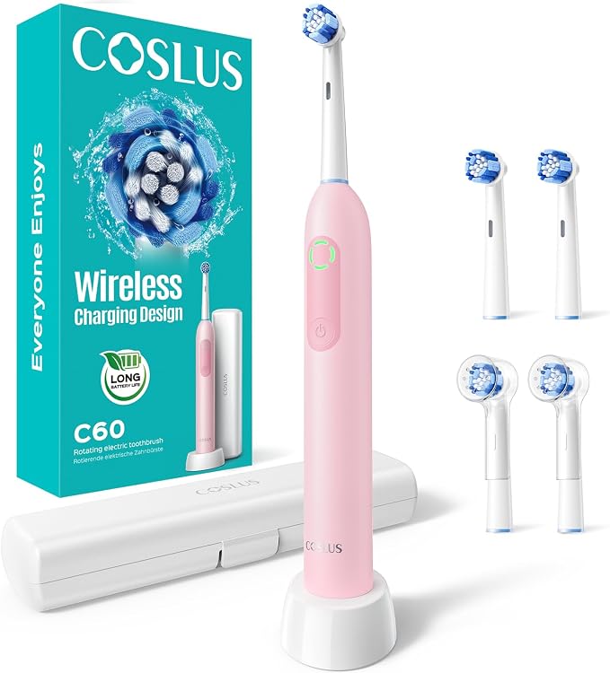 COSLUS C60 Rechargeable Rotating Electric Toothbrush for Adults Deep Clean | Portable Spinning Tooth brush with Travel Case, Cordless Charging & Long Battery Life, Smart Pressure Sensor, Family, Pink