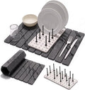 Stone Drying Mat for Kitchen Counter (24”x16”) with Dish Rack | Quick Dry Diatomaceous Earth Dish Mat– Foldable Water Absorbing Drying Organizer Pad for Countertop Plate Bottles Cups(Dark)