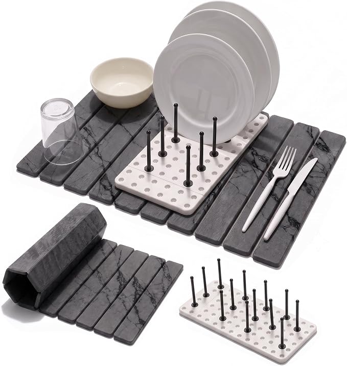 Stone Drying Mat for Kitchen Counter (24”x16”) with Dish Rack | Quick Dry Diatomaceous Earth Dish Mat– Foldable Water Absorbing Drying Organizer Pad for Countertop Plate Bottles Cups(Dark)