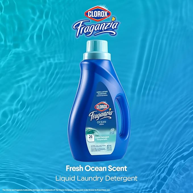 Clorox Fraganzia Liquid Laundry Detergent, Ocean Scent - HE Compatible for All Front and Top Load Washing Machines, Light Crisp Beachy Fragrance, 26 Loads per Bottle, 40 Fl Oz - 6 Pack