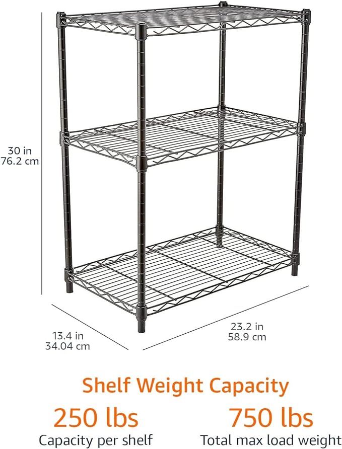 Amazon Basics 3-Shelf Adjustable Heavy Duty Steel Wire Rack Storage Shelving Organizer with Storage Space, Versatility and Ease of Use for Kitchen, Garage, 23.2" L x 13.4" W x 30" H, Black