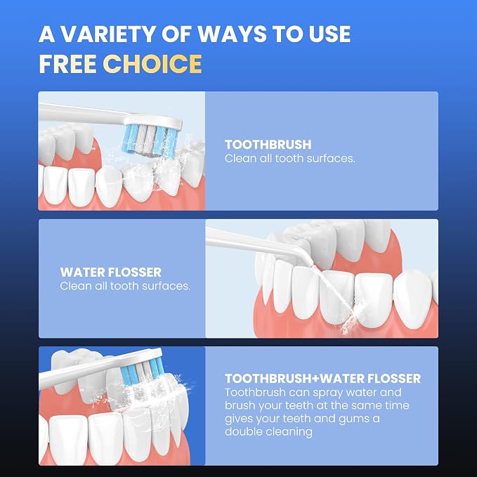 2-in-1 Electric Toothbrush with Water Flosser, Brush & Floss Combo | 3 Modes, 3 Brush Heads, Jet Tip, IPX7 Waterproof, Portable Oral Irrigator for Travel, White