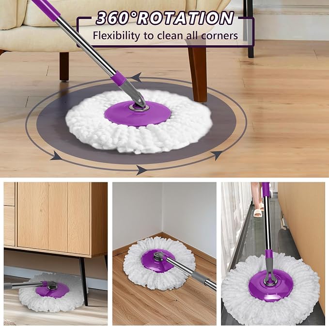 Masthome Spin Mop and Bucket with Wringer Set with 3 Reusable Pads & Heavy Duty Broom with Hard Bristles