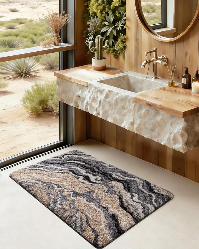 DEXI Bathroom Rug Mat 43x24, Soft and Absorbent Marble Bath Mat, Non Slip Machine Washable Bath Rugs for Shower Floor, Tub, Sink, Grey and Beige