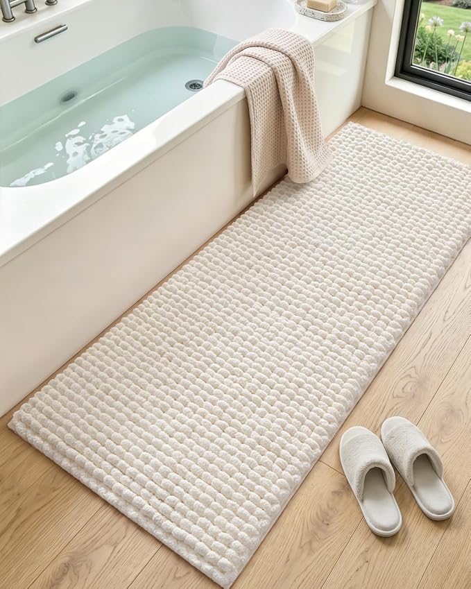 DEXI Bathroom Runner Rugs 60x24, Non Slip Washable Long Bath Mat, Luxury Chenille Super Absorbent Ultra Thick Bathmats for Shower Floor, Plush Fluffy Shaggy Carpet for Tub, Cream