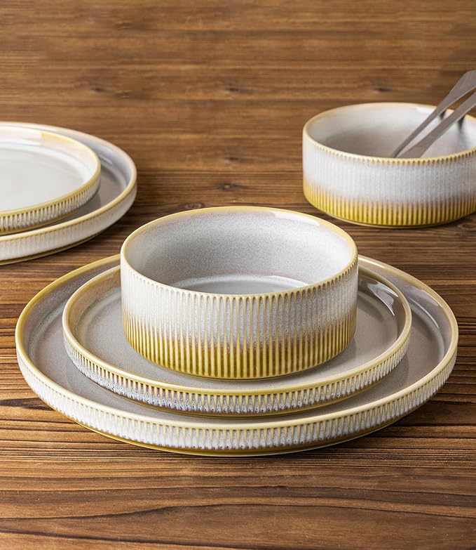 TheTerra Ceramic Dinnerware Sets for 4, 12 Pieces Porcelain Lightweight Plates and Bowls Sets, Scratch Resistant Dish Set, Oven & Microwave & Dishwasher Safe, Autumn Haze
