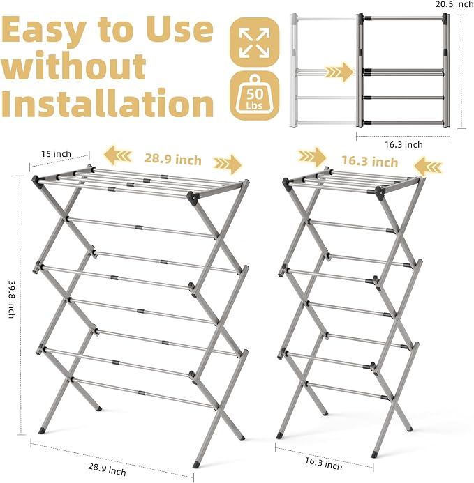 BAKON Clothes Drying Rack Foldable for Laundry, Collapsible Portable Drying Rack Clothing for Hanging Clothes Towel, Space Save for Indoor Outdoor Travel (Gray)