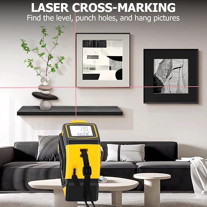 4-in-1 Digital Laser Tape Measure, 328ft/100m Laser Distance Meter with 16ft/5m AutoLock Measuring Tape, Dual-axis Angle, Cross-Line Leveling, Class II Laser Product, Output < 1mW