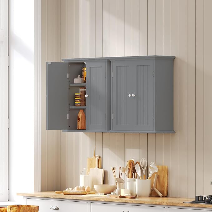 ChooChoo Bathroom Wall Cabinet, Over The Toilet Space Saver Storage Cabinet, Medicine Cabinet with 2 Door and Adjustable Shelves, Cupboard, Grey