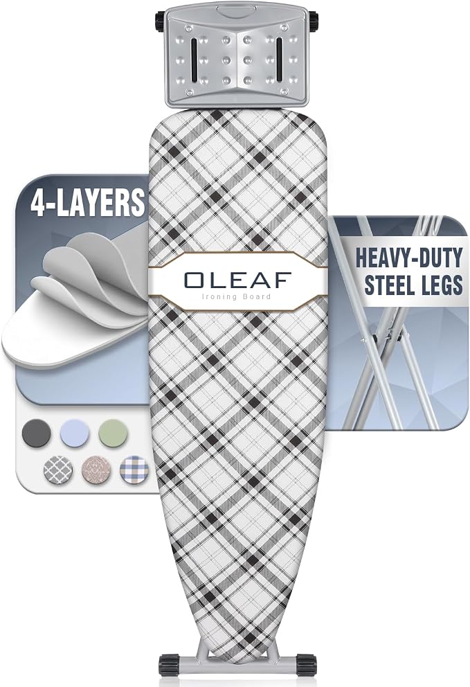 oleaf Ironing Board with Cover and Thicken Pad Height Adjustable Full Size Foldable Iron Board with Iron Rest, Stable Steel Legs, Metal Construction, Heat Resistant, Black and White Checkered