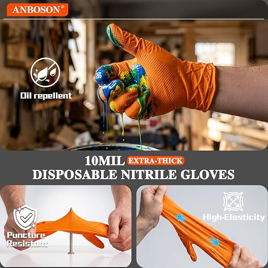 ANBOSON 10 Mil Heavy Duty Mechanic Nitrile Gloves, XLarge Orange 100 Count | Diamond Grip,Latex Free,Chemical Resistant Disposable Thick Rubber Gloves for Auto Repair, Industrial, Food, Work ,BBQ,Men